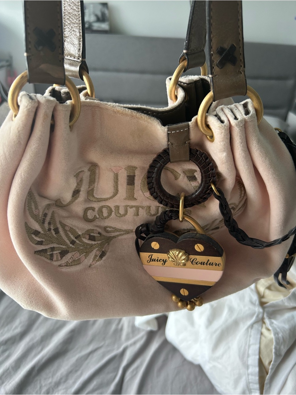 Juicy Couture Vintage Pink Logo Shoulder Bag with Heart Charm & little mirror